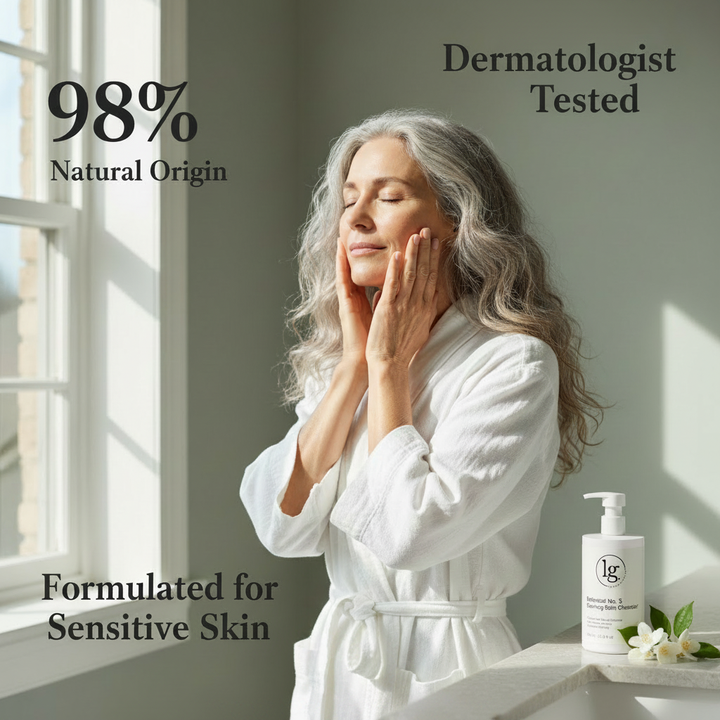 Mature woman in a white robe gently touching her face by a window, next to a bottle of Botanical No. 5 Calming Skin Cleanser | Sensitive Skin highlighting 98% natural origin and dermatologist tested formula for sensitive skin.