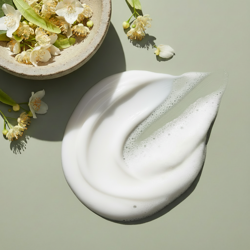 Swirls of creamy foam next to delicate botanical blossoms, illustrating Botanical No. 5 Calming Skin Cleanser | Sensitive Skin for a gentle, plant-based skincare experience.