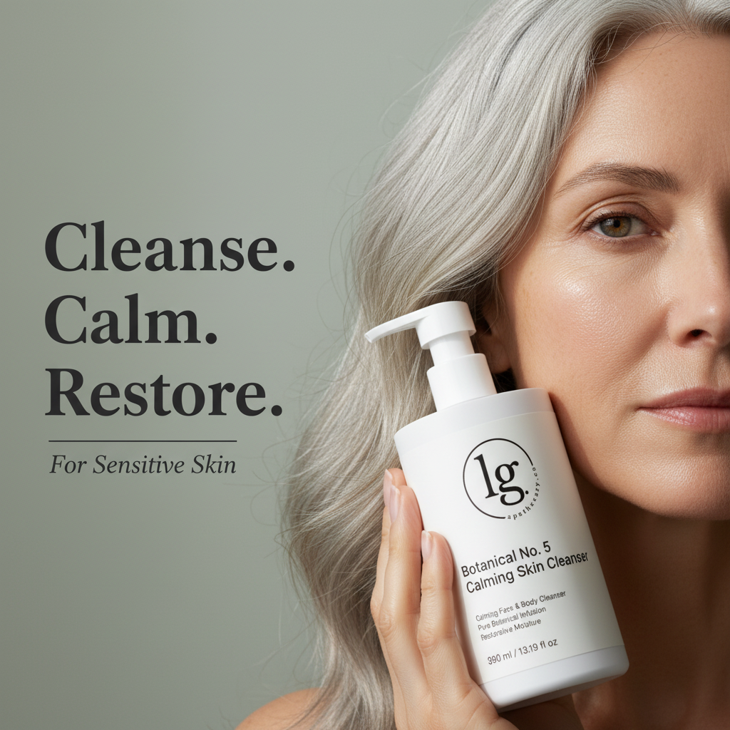 Woman with gray hair holding a white pump bottle of Botanical No. 5 Calming Skin Cleanser | Sensitive Skin beside text that reads Cleanse. Calm. Restore. For Sensitive Skin on a muted green background
