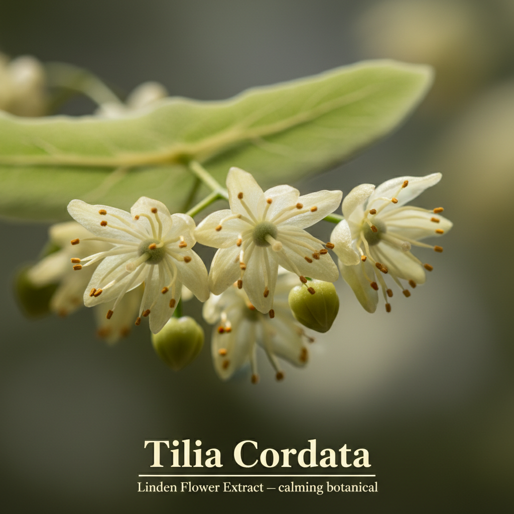 Close-up of delicate white Tilia Cordata linden flowers with green leaves, highlighting the calming botanical ingredient featured in Botanical No. 5 Calming Skin Cleanser | Sensitive Skin.