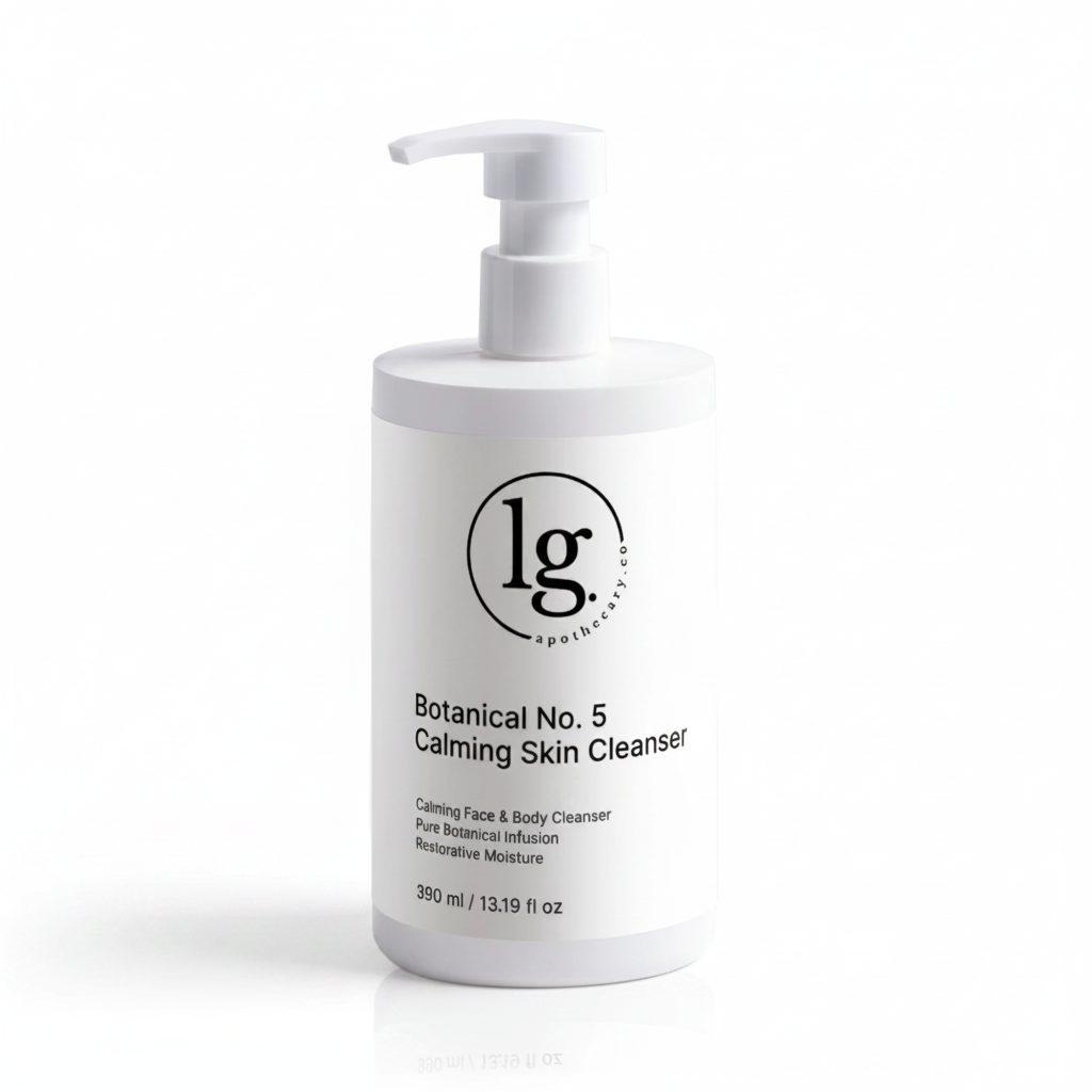 Bottle of Botanical No. 5 Calming Skin Cleanser | Sensitive Skin by lg apothecary co, featuring a clean white pump dispenser with minimalist black text for botanical skincare and gentle, restorative moisture.