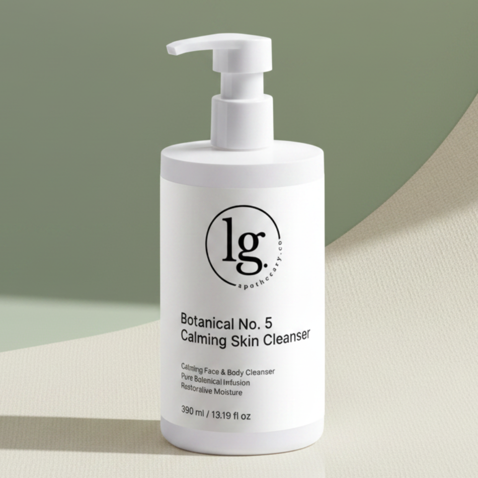 White pump bottle of Botanical No. 5 Calming Skin Cleanser | Sensitive Skin by lg apothecary co, set against a soft green and beige background conveying clean beauty and botanical skincare.