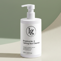 White pump bottle of Botanical No. 5 Calming Skin Cleanser | Sensitive Skin by lg apothecary co, set against a soft green and beige background conveying clean beauty and botanical skincare.