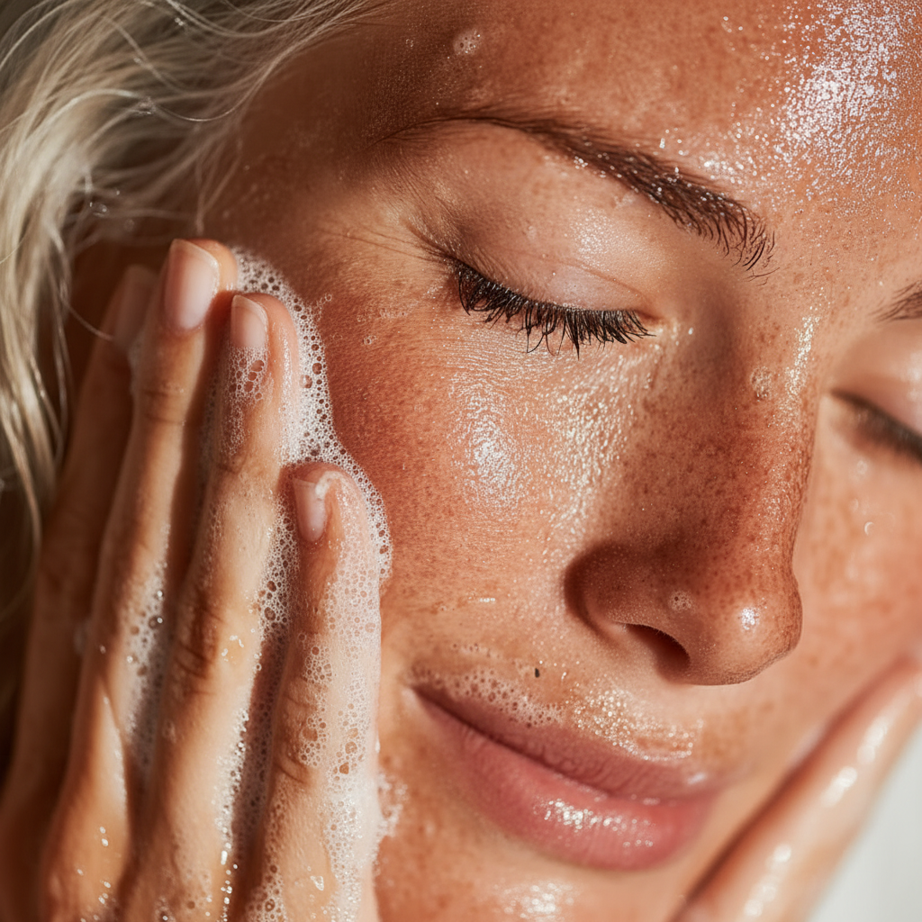 Close-up of a person gently cleansing their face with foam, highlighting natural skin texture and a calm expression, promoting Botanical No. 5 Calming Skin Cleanser | Sensitive Skin.