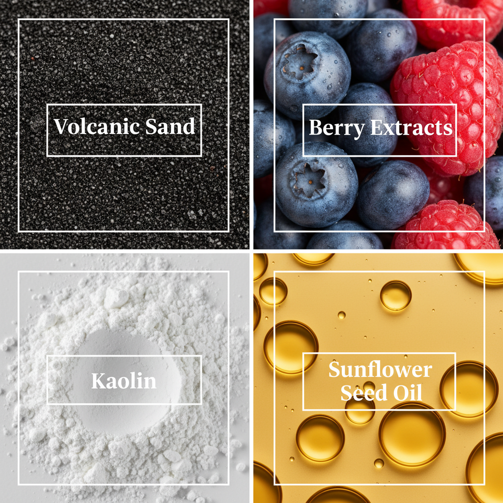 Close-up of key natural ingredients including volcanic sand, fresh berry extracts, white kaolin clay, and golden sunflower seed oil for Botanical No. 6 | Volcanic Mineral Scrub.