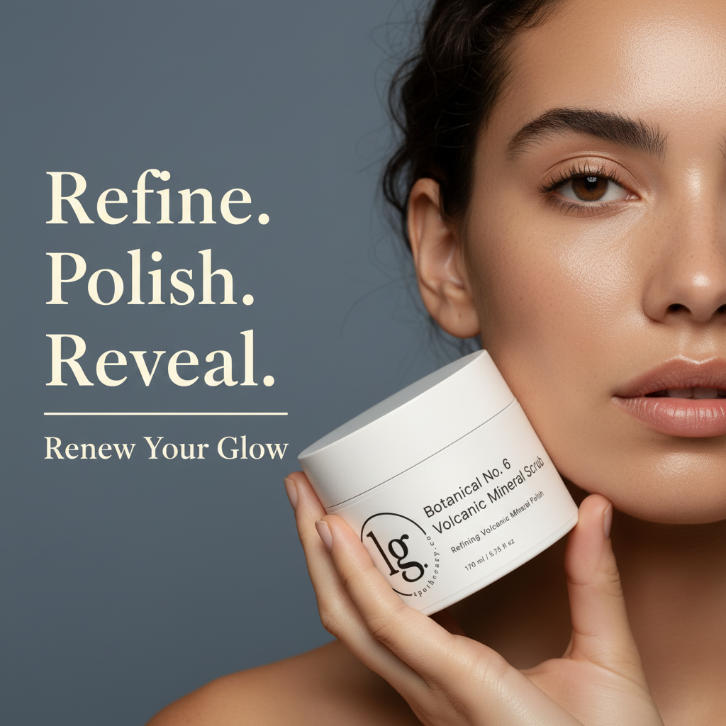 Close-up of a woman with smooth glowing skin holding a jar of Botanical No. 6 | Volcanic Mineral Scrub by lg apothecary co, promoting clean beauty and botanical skincare.