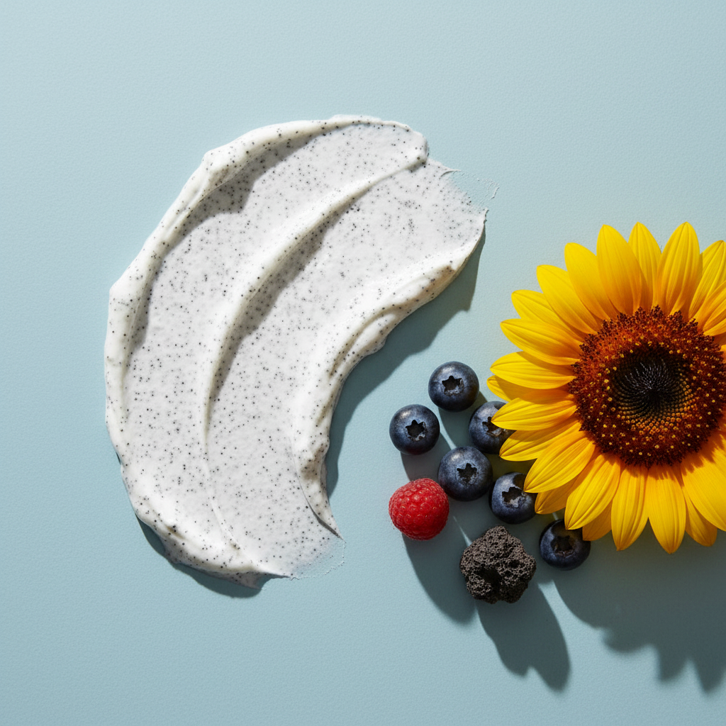 Smear of Botanical No. 6 | Volcanic Mineral Scrub with exfoliating mineral particles, beside fresh blueberries, a raspberry, a sunflower, and a piece of volcanic rock on a light blue surface.