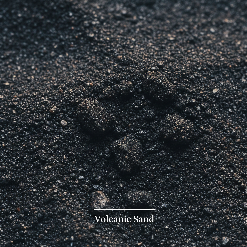 Close-up of dark volcanic sand texture highlighting natural mineral granules used in Botanical No. 6 | Volcanic Mineral Scrub for eco-conscious luxury skincare.