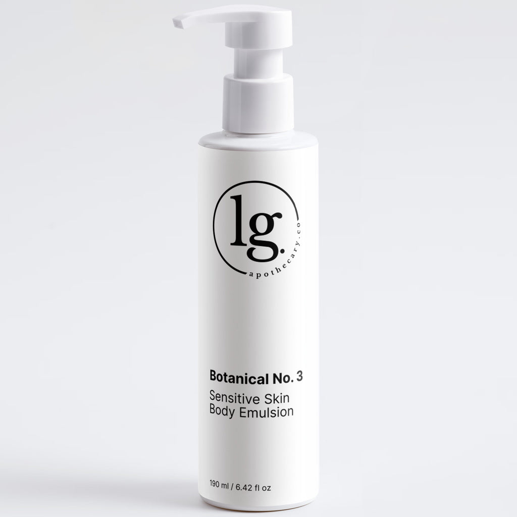 Botanical No. 3 Sensitive Skin Body Emulsion in a sleek white pump bottle, featuring clean beauty design for eco-conscious luxury skincare by lg apothecary co.