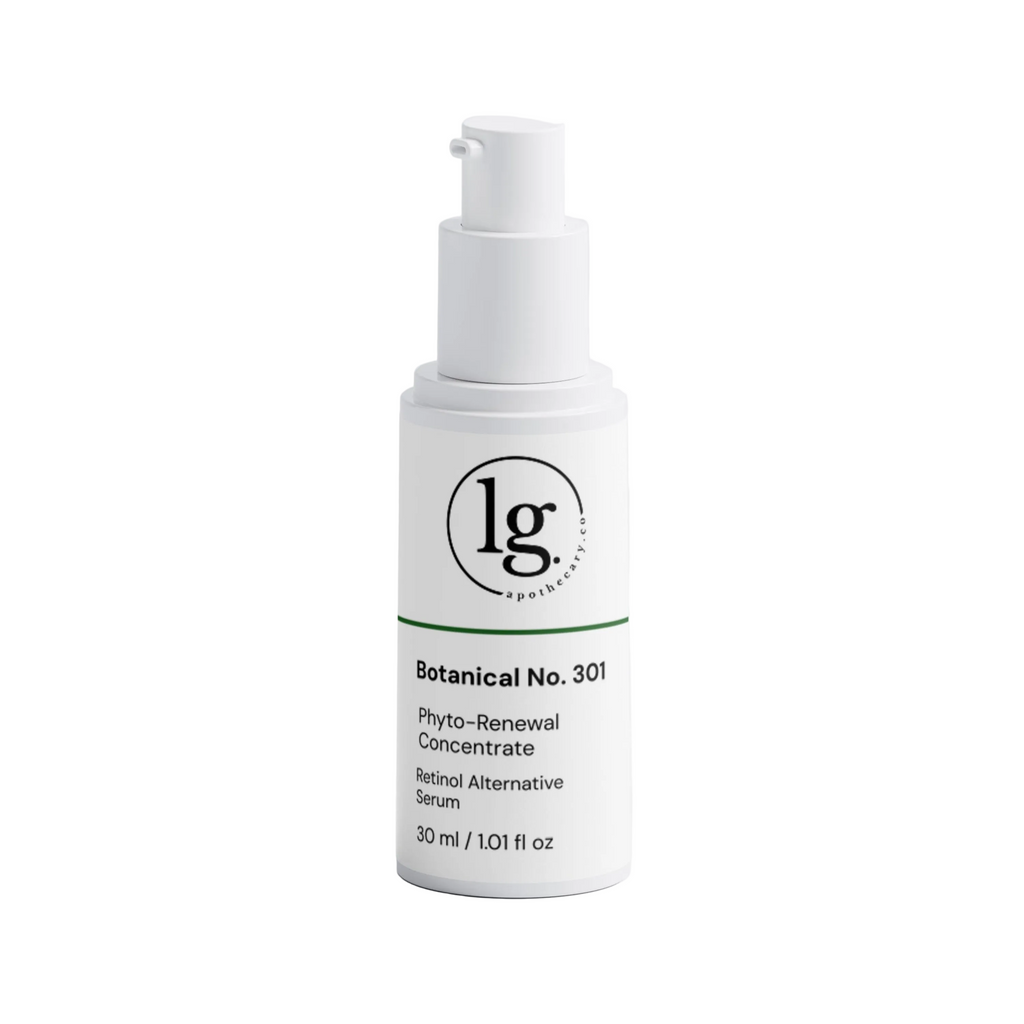A clean, studio-lit product shot of the LG Apothecary Co Botanical No. 301 Phyto-Renewal Concentrate Serum bottle, featuring its signature minimalist label against a pure white background, highlighting the apothecary-style packaging and modern, restorative botanical design.