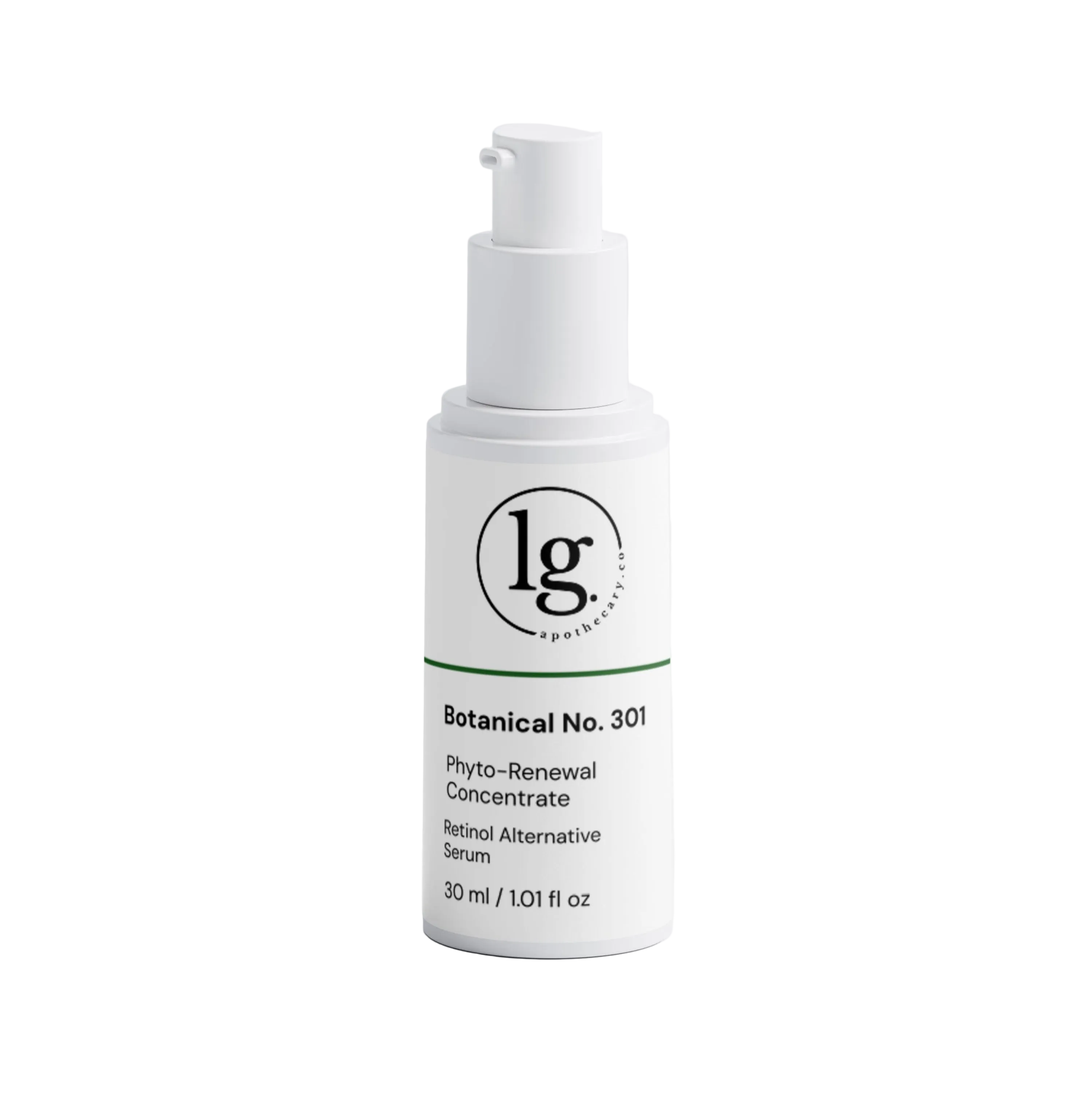 A clean, studio-lit product shot of the LG Apothecary Co Botanical No. 301 Phyto-Renewal Concentrate Serum bottle, featuring its signature minimalist label against a pure white background, highlighting the apothecary-style packaging and modern, restorative botanical design.