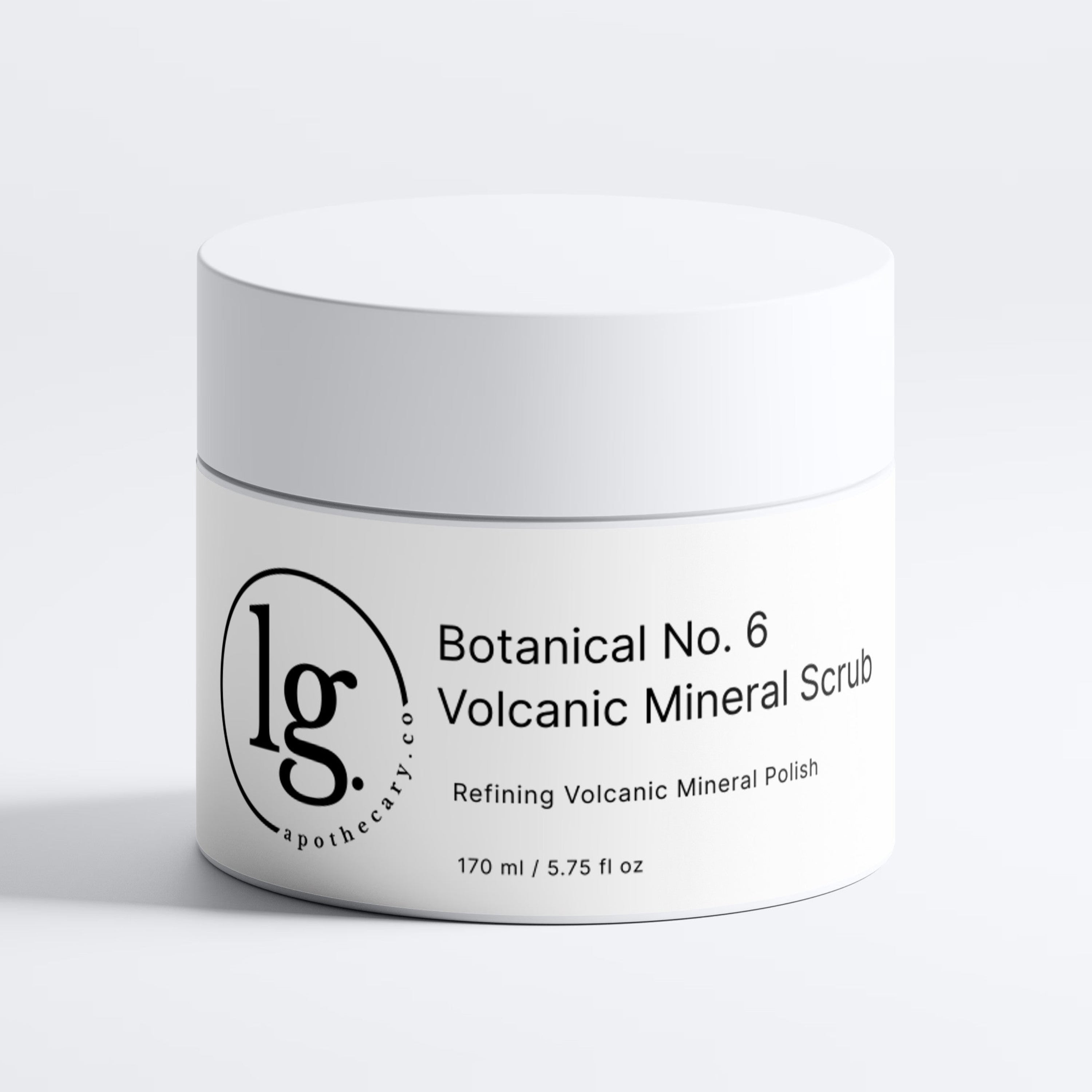 Minimalist white jar of Botanical No. 6 | Volcanic Mineral Scrub by lg apothecary co, highlighting its clean beauty and botanical skincare for refined, eco-conscious luxury.