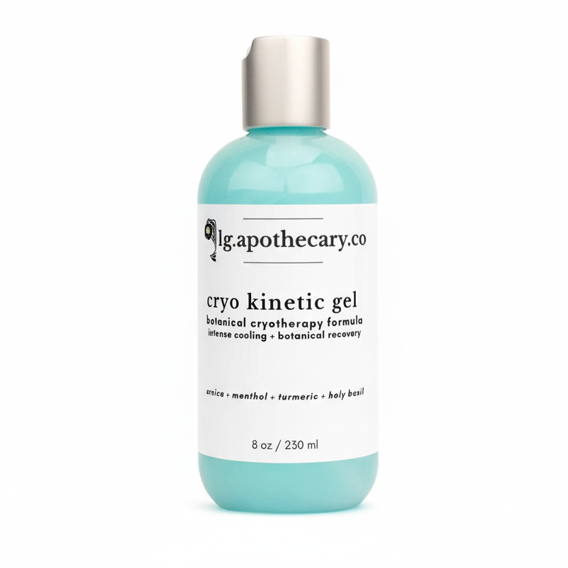 Bottle of cryo kinetic gel with a white label on a white background