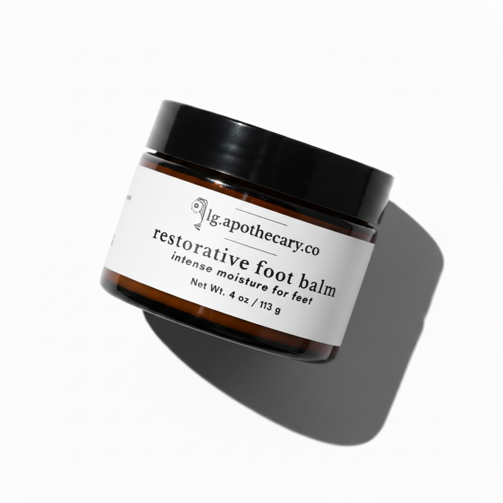 LG Apothecary Co. Restorative Foot Balm in a 4 oz amber glass jar with a black lid, featuring a clean white label