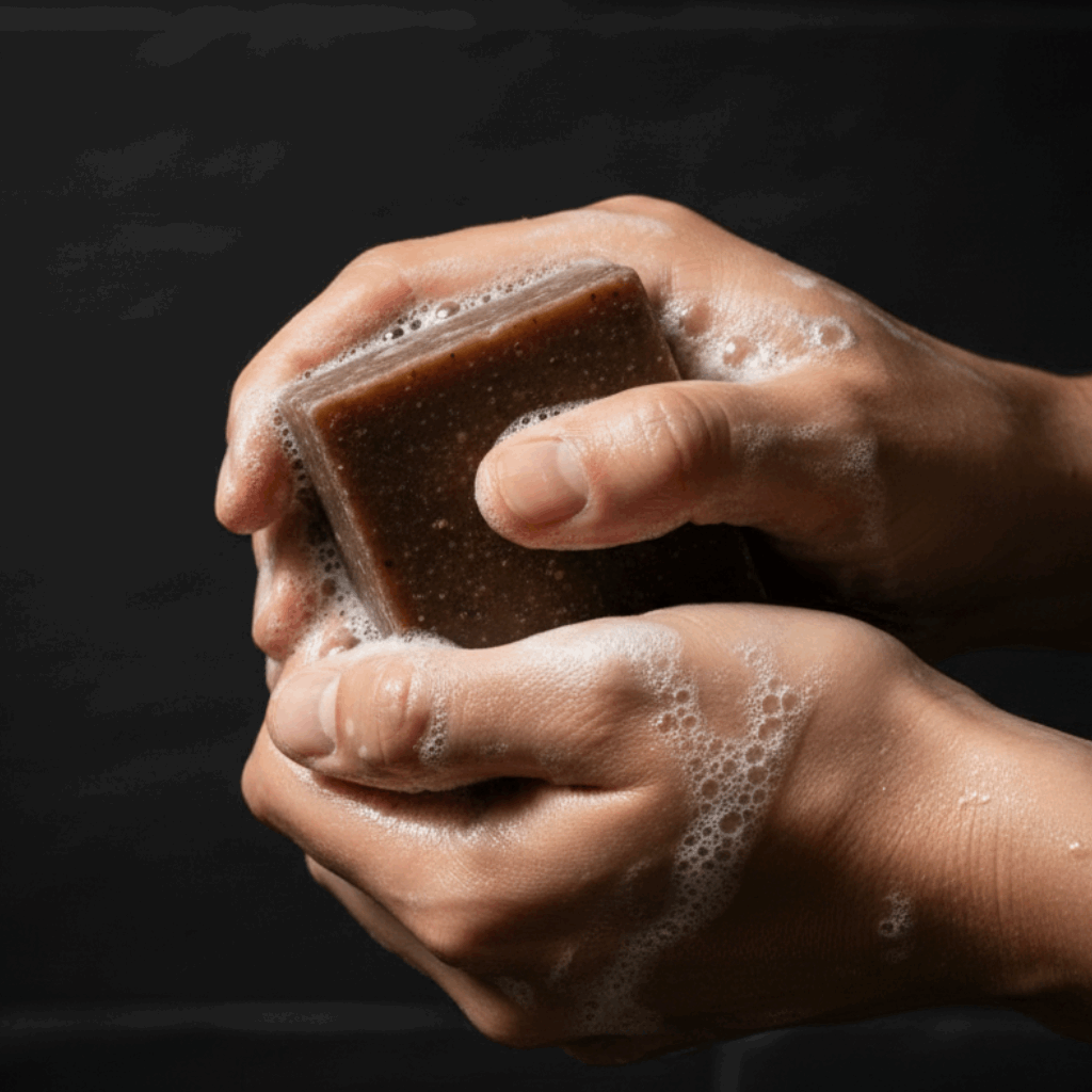 Hands holding a bar of brown soap with foam against a dark background
