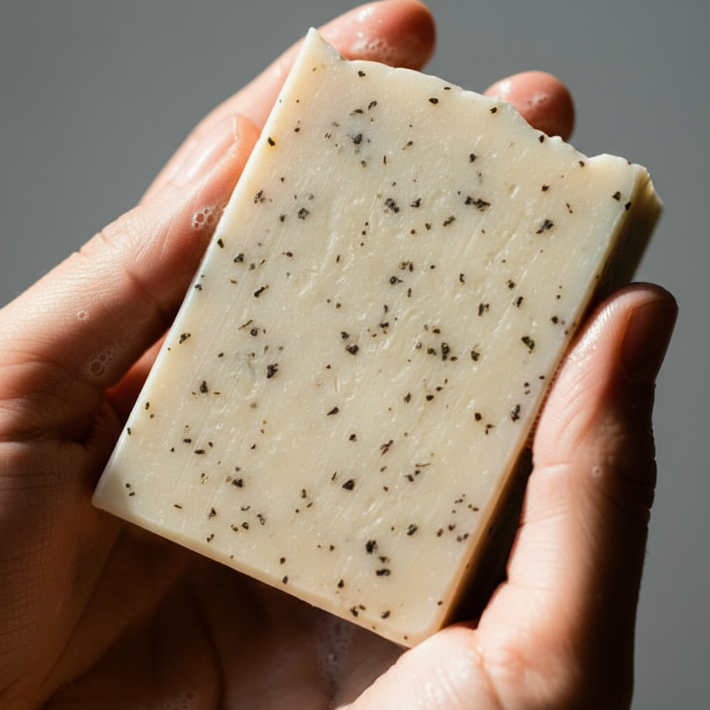 Two hands cradling a creamy, handcrafted Peppermint Leaves soap bar from LG Apothecary Co, showing organic leaf flecks and a restorative, dense texture.