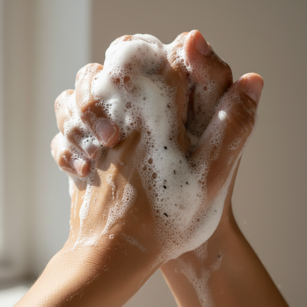 Close-up of rich, creamy lather on hands, showcasing the dense texture of the LG Apothecary Co Peppermint Leaves botanical soap bar with visible leaf flecks.