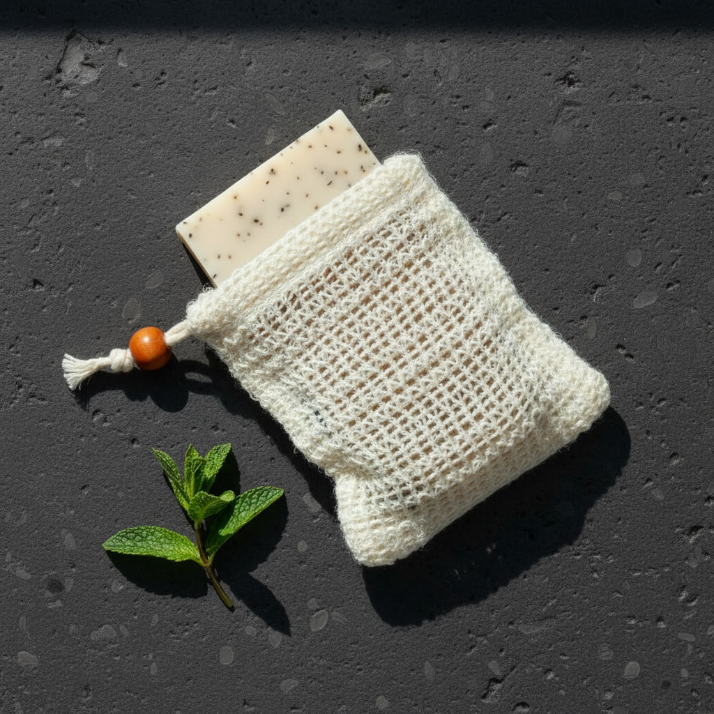 Peppermint Leaves botanical soap bar from LG Apothecary Co tucked into a natural sisal bag, resting on dark, textured stone with a fresh sprig.