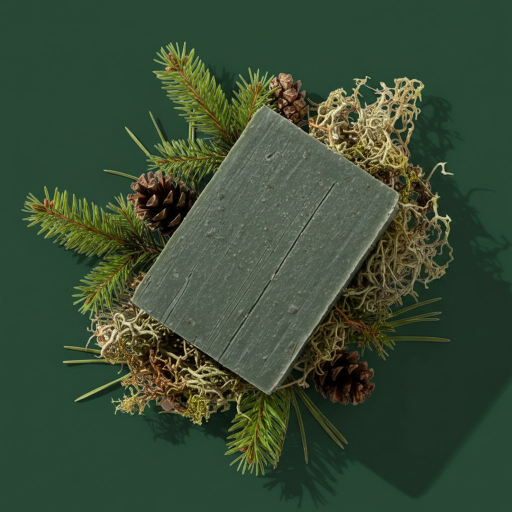 Pine Moss & Loofah bar soap from LG Apothecary Co centered on a bed of fresh pine needles, earthy moss, and small pinecones.