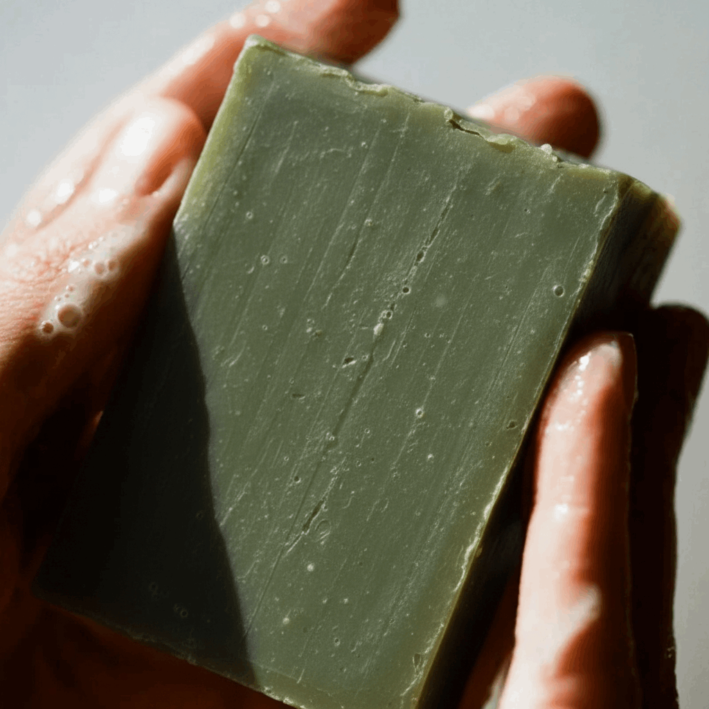 Two hands cradling a dense, handcrafted Pine Moss and Loofah soap bar from LG Apothecary Co, showing a rich, restorative texture and botanical finish.