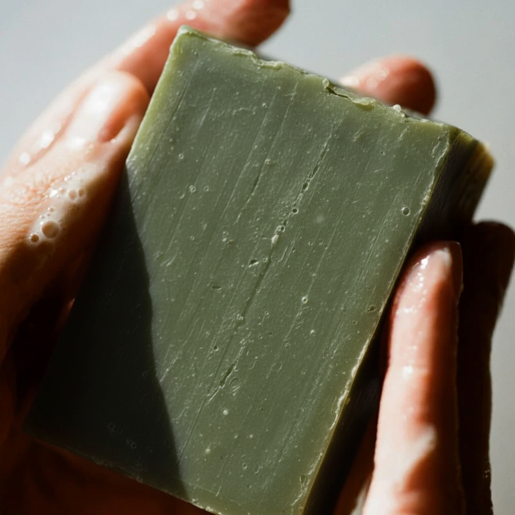 Two hands cradling a dense, handcrafted Pine Moss and Loofah soap bar from LG Apothecary Co, showing a rich, restorative texture and botanical finish.