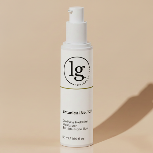 Botanical No. 102 Clarifying Hydration Moisturizer bottle with pump, warm cream background, dramatic diagonal shadow.