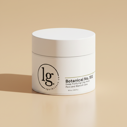 Botanical No. 103 Purifying Clay Mask in white jar with black logo on warm cream background, highlighting restorative apothecary skincare