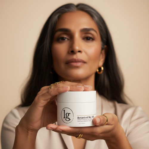 Mature woman with silver-toned hair holding Botanical No. 103 Purifying Clay Mask jar, warm cream studio backdrop.