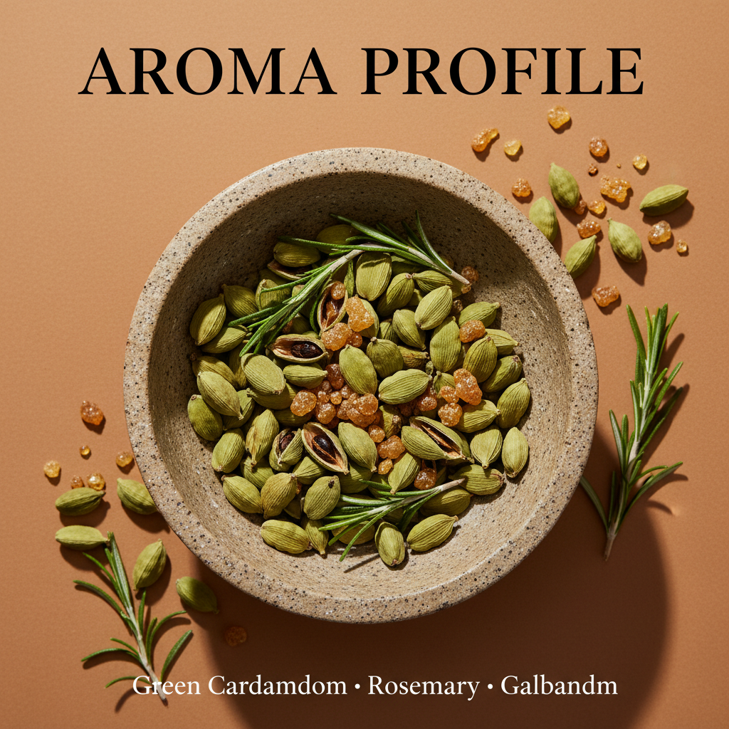 A natural stone bowl filled with green cardamom pods, amber resin crystals, and fresh rosemary sprigs on a warm brown background, highlighting the aroma profile for Omega 6-9 Glowing Skin Body Oil.
