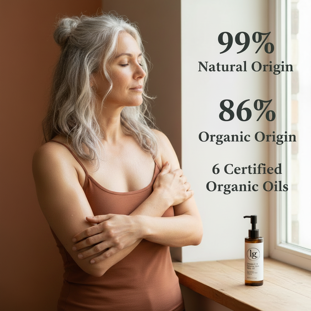 Woman with gray hair in a brown tank top standing by a window with eyes closed and arms crossed, next to text highlighting 99% natural origin, 86% organic origin, and six certified organic oils, alongside a bottle of Omega 6-9 Glowing Skin Body Oil.