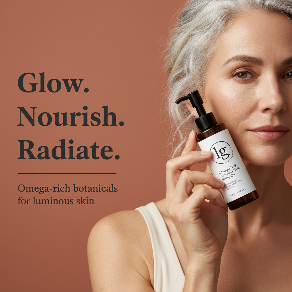 Woman with glowing skin holding a bottle of Omega 6-9 Glowing Skin Body Oil beside text that reads Glow. Nourish. Radiate. Omega-rich botanicals for luminous skin.