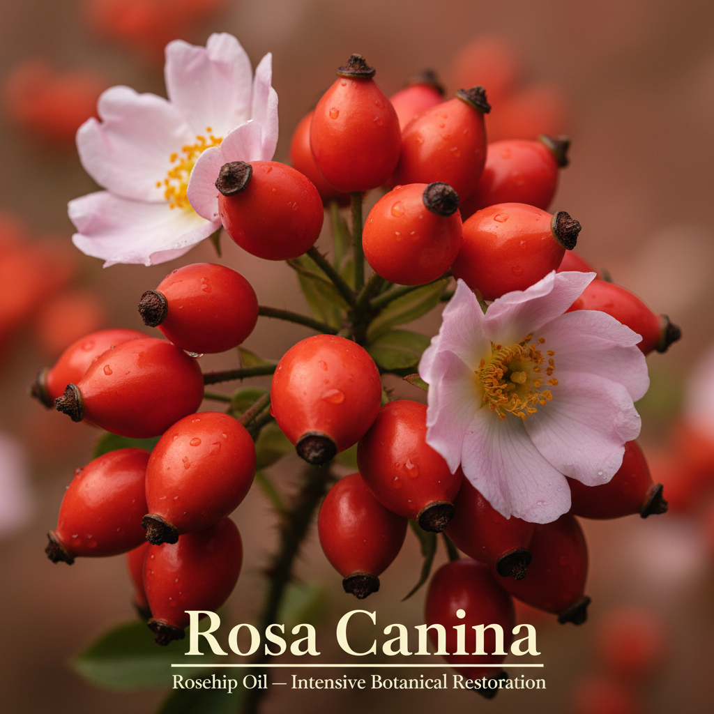 Close-up of bright red rosehip fruits and delicate pink rosehip flowers, highlighting natural ingredients used in Omega 6-9 Glowing Skin Body Oil for botanical skincare and clean beauty.