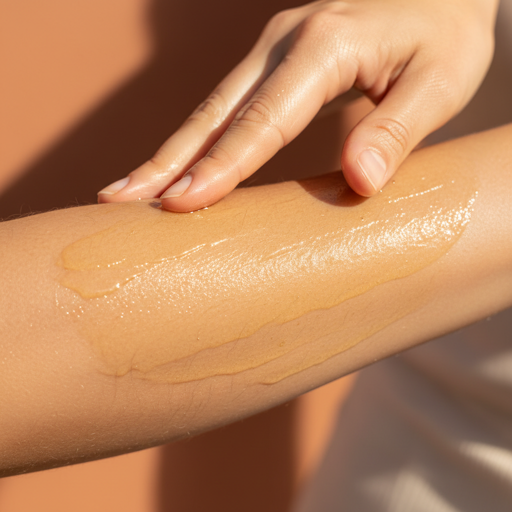 A close-up of a hand gently applying Omega 6-9 Glowing Skin Body Oil on smooth skin, highlighting the nourishing and hydrating botanical skincare effect.