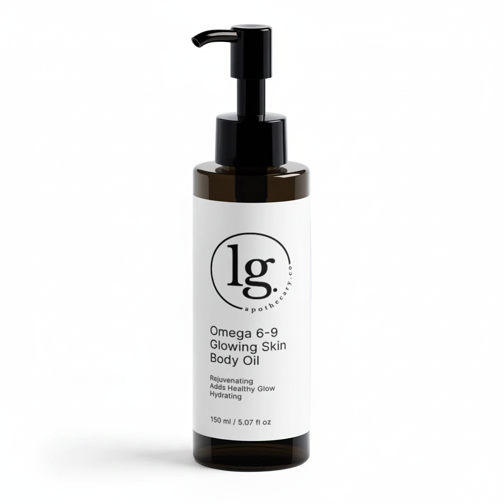 Bottle of Omega 6-9 Glowing Skin Body Oil by lg apothecary co with a black pump, featuring hydrating and rejuvenating botanical skincare for a healthy glow.