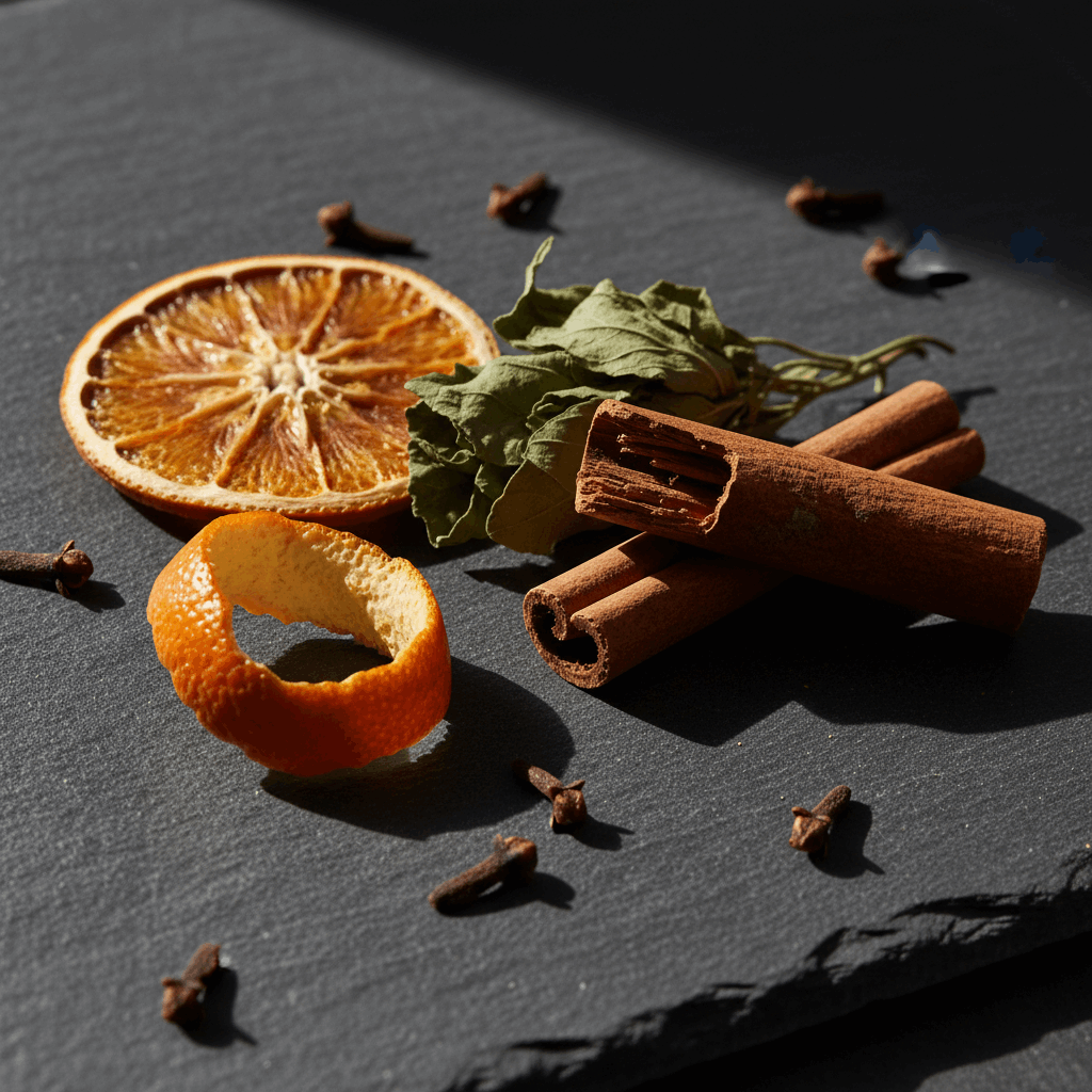 LG Apothecary Co Bay Runner Botanical Bar Soap aroma profile featuring dried orange slices, bay leaves, cinnamon sticks, and cloves on charcoal stone.
