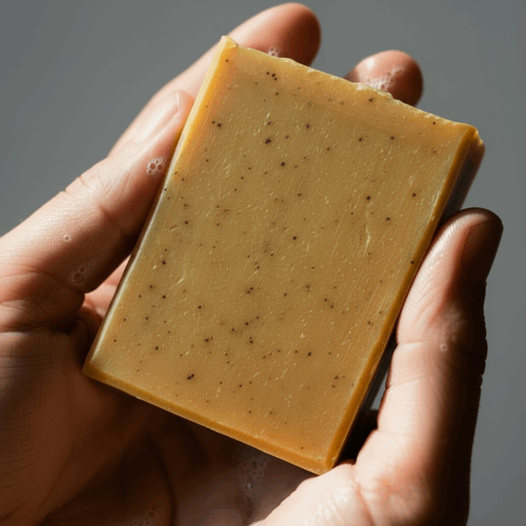 Hand holding a bar of soap with a speckled texture against a neutral background