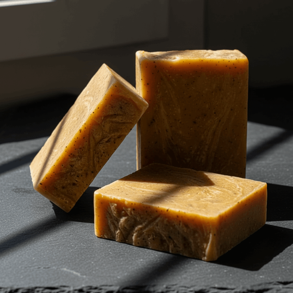 Three bars of brown soap on a dark surface with a light background