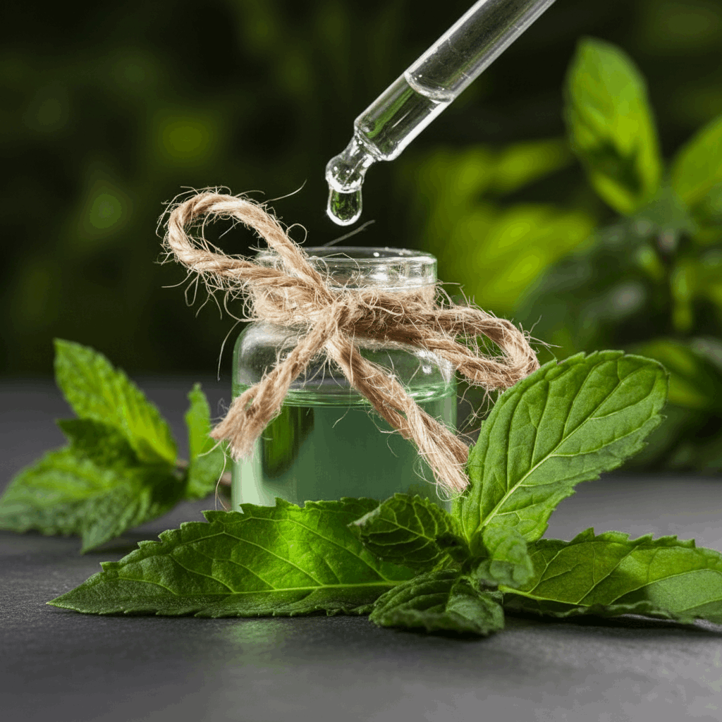 LG Apothecary Co. Peppermint Leaves Botanical Bar Soap, featuring fresh, vibrant green peppermint leaves beside a glass apothecary dropper bottle containing essential oil, set against a dark charcoal slate surface with dramatic, editorial lighting
