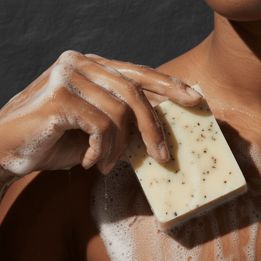 LG Apothecary Co. Peppermint Leaves Botanical Bar Soap, featuring a dense, cream-colored bar with visible organic peppermint leaves being lathered into rich, restorative suds against warm skin, highlighting the botanical texture