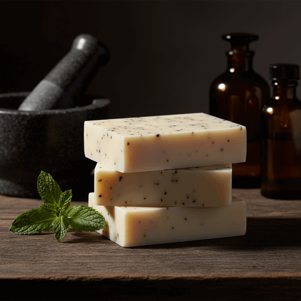 LG Apothecary Co. Peppermint Leaves Botanical Bar Soap, featuring a stack of three dense, cream-colored bars with visible botanical flecks, arranged on a rustic wooden surface with a mortar and pestle and amber apothecary bottles in the background, captured in moody, editorial lighting.