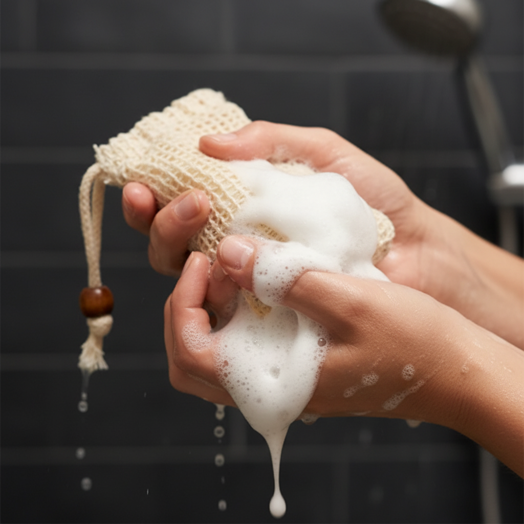 LG Apothecary Co. Natural Sisal Soap Bag, shown in use with a creamy lather, emphasizing the eco-conscious, restorative nature of the botanical cleansing ritual.