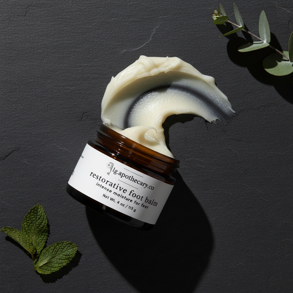 LG Apothecary Co. Restorative Foot Balm smear, featuring the 4 oz amber plastic jar with a white label, showcasing the creamy, emollient texture of the botanical balm against a dark charcoal background with fresh mint and eucalyptus leaves.
