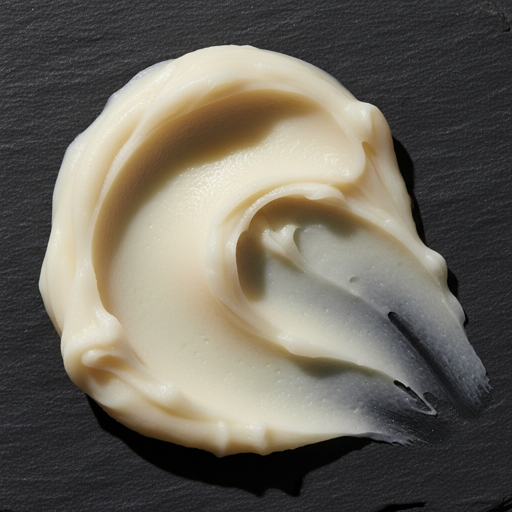 LG Apothecary Co. Restorative Foot Balm texture macro, showing a dense, creamy, off-white botanical balm smoothed across a dark charcoal surface, highlighting its rich, emollient sheen.