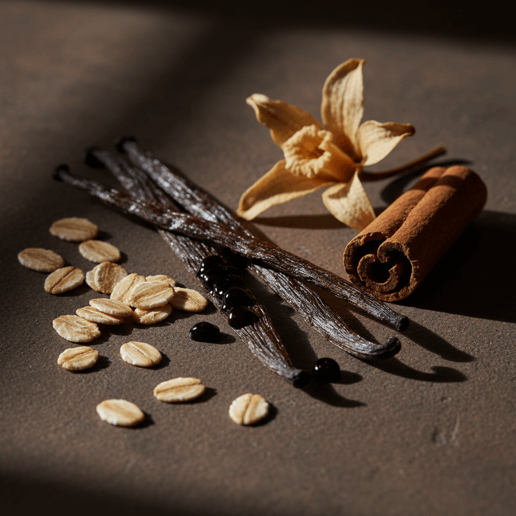 LG Apothecary Co Vanilla Oatmeal Botanical Bar Soap aroma profile with raw vanilla pods, rolled oats, and cinnamon bark.
