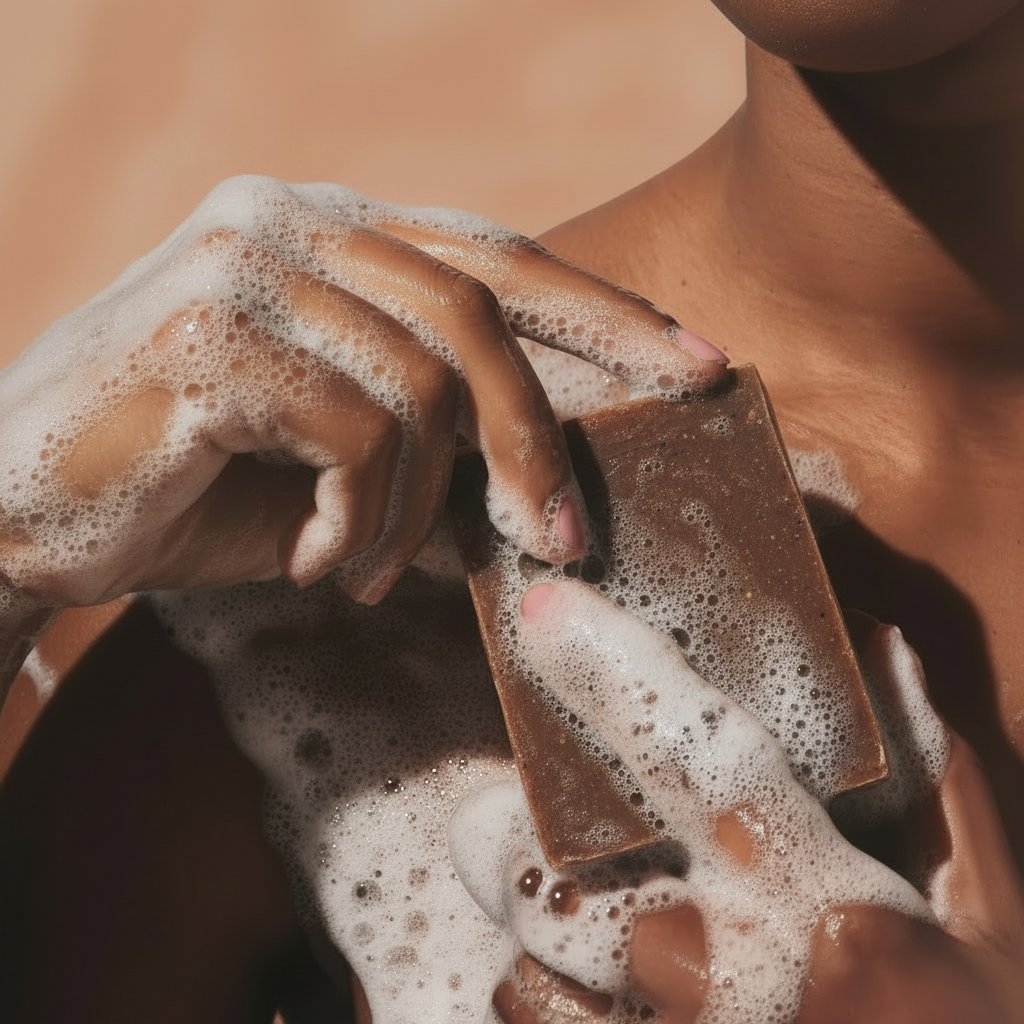 LG Apothecary Co. Vanilla Oatmeal Botanical Bar Soap, showing a dense, chocolate-brown bar being lathered with rich, creamy suds directly against warm skin, highlighting the restorative, botanical texture.
