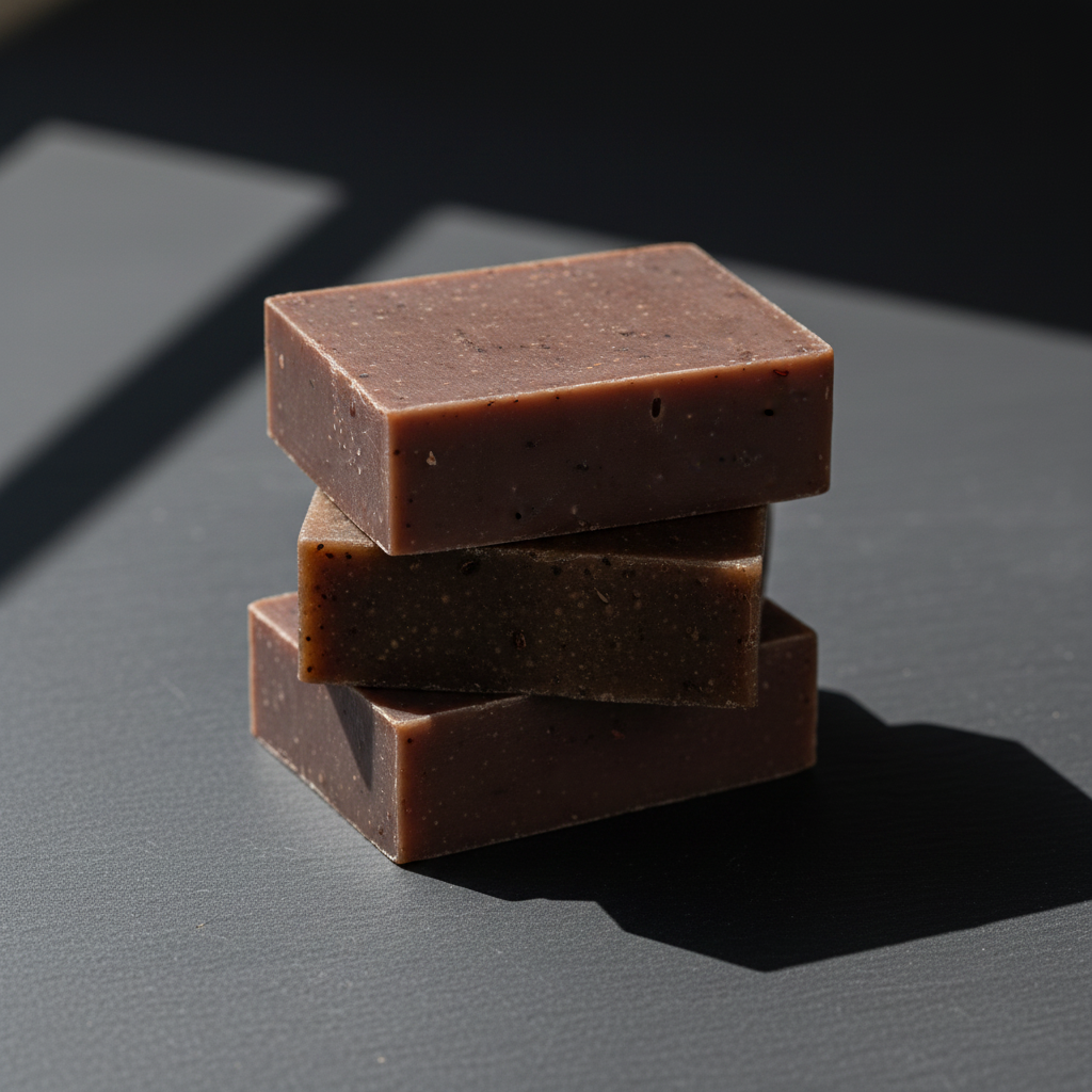 LG Apothecary Co. Vanilla Oatmeal Botanical Bar Soap, featuring three stacked, dense, chocolate-brown bars with visible oat flecks, resting on a dark slate surface with clean, sharp-angled shadows.